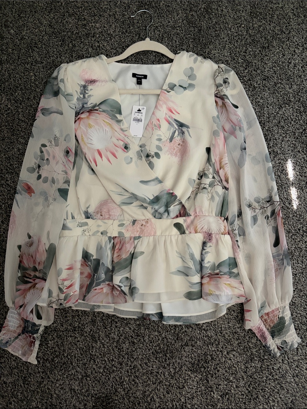 Express Floral Wrap Peplum Blouse - Cream & Pink